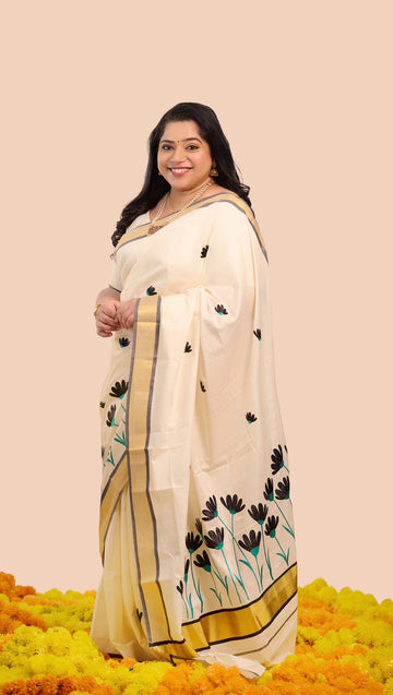 Kerala Saree | Black Floral PM972