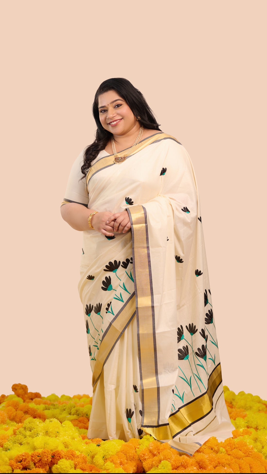 Kerala Saree | Black Floral PM972